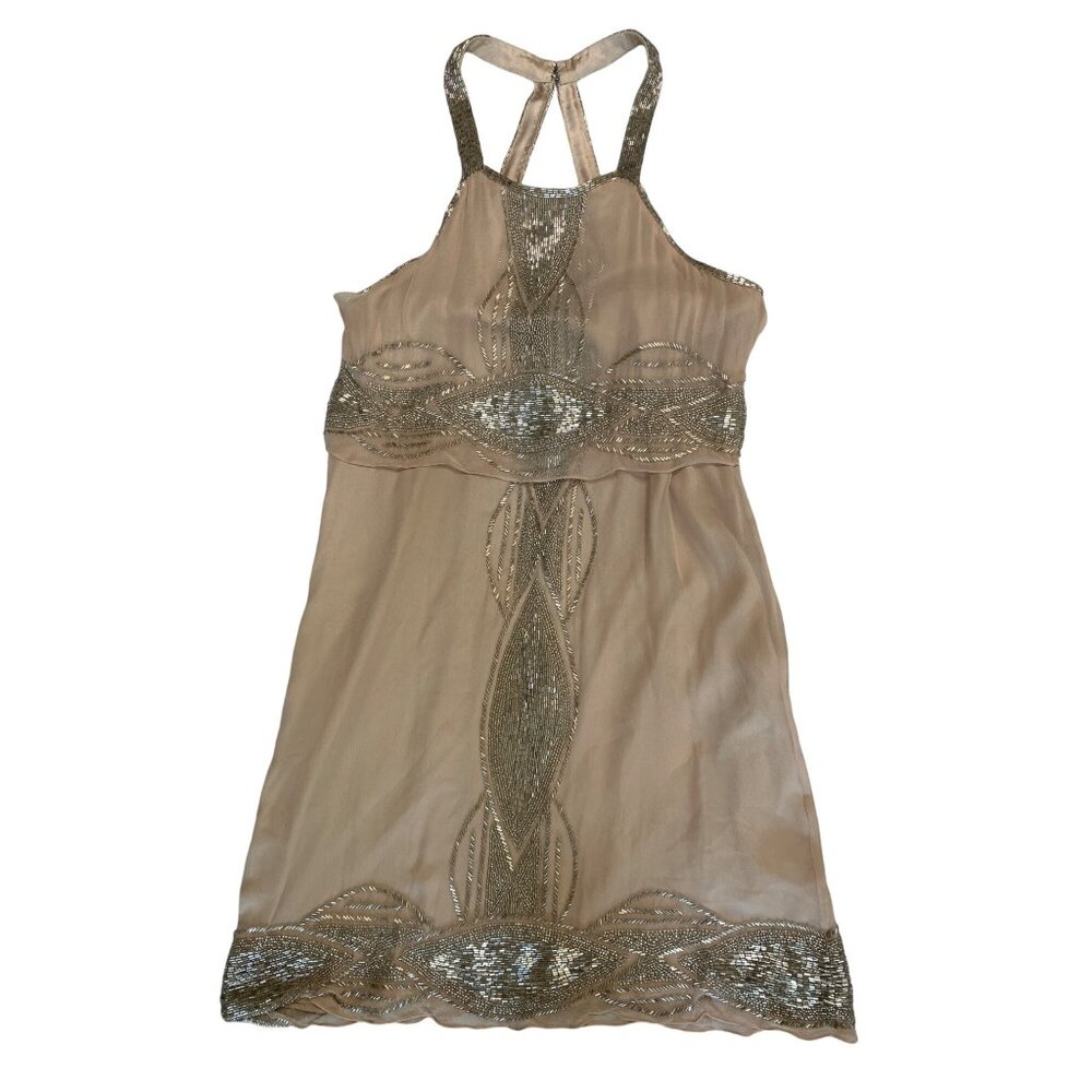 Rare Parker Silk Evening Bead Halter Mini Dress Blush Silver Sz 4 S Gatsby 7626